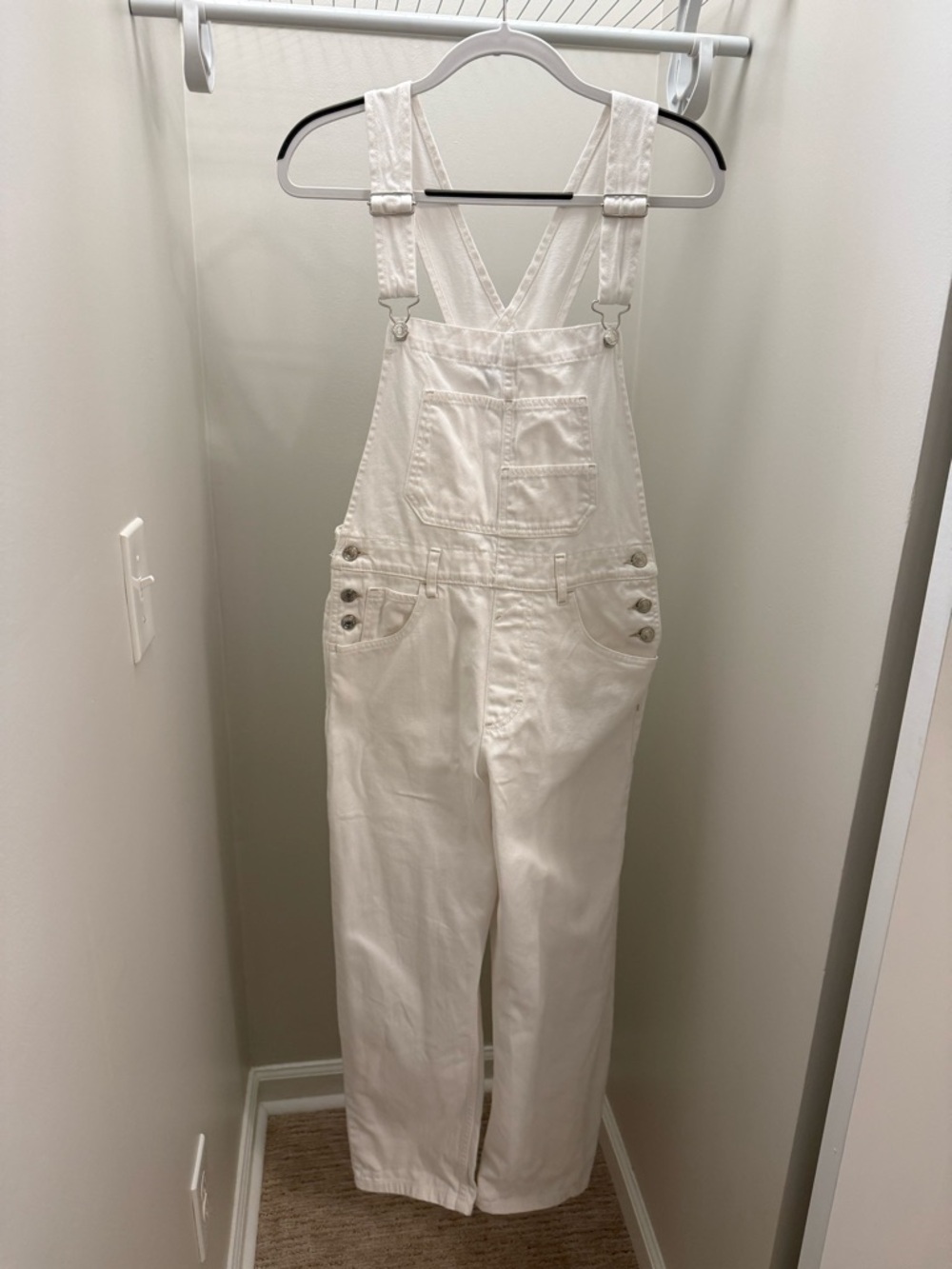 Women’s White Denim Ziggy Overalls